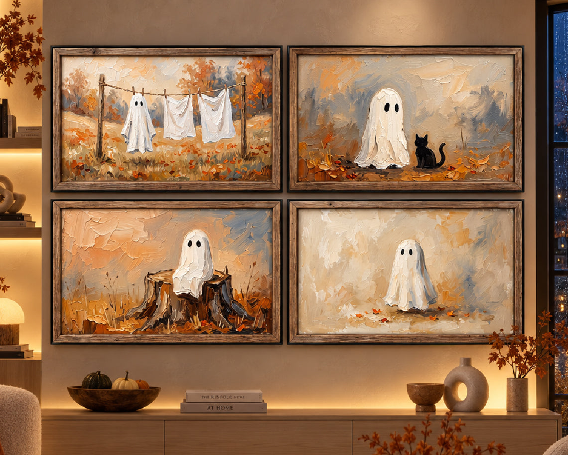 Halloween TV Wallpaper Bundle - 4 Whimsical Autumn Ghost Paintings | Halloween Frame TV Art | Instant Download
