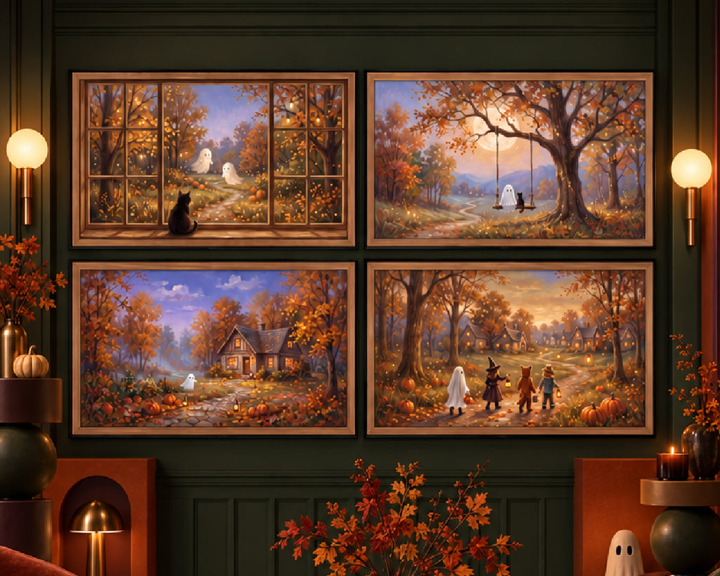 4 Cozy Ghost, Black Cat & Trick or Treater Scenes - Halloween TV Wallpaper | Palette Knife Oil Painting Bundle | Digital TV Screen Background | Instant Download