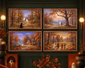 4 Cozy Ghost, Black Cat & Trick or Treater Scenes - Halloween TV Wallpaper | Palette Knife Oil Painting Bundle | Digital TV Screen Background | Instant Download