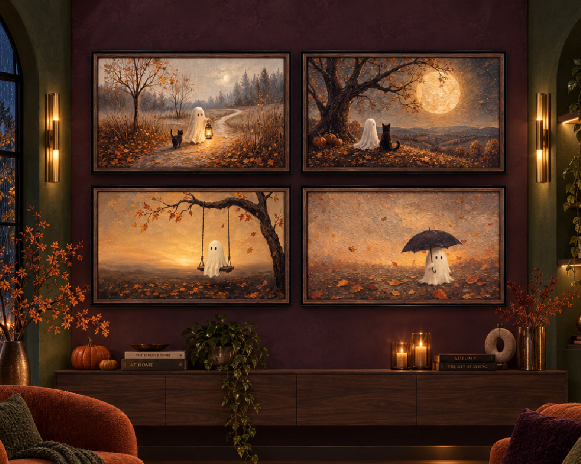 Halloween TV Wallpaper Bundle - 4 Ghost & Black Cat Autumn Scenes | Palette Knife Oil Painting | Frame TV Art | Instant Download