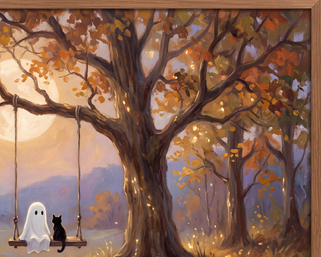 Ghost & Black Cat on an Autumn Tree Swing - Halloween TV Wallpaper | Palette Knife Oil Painting | Digital TV Screen Background | Instant Download