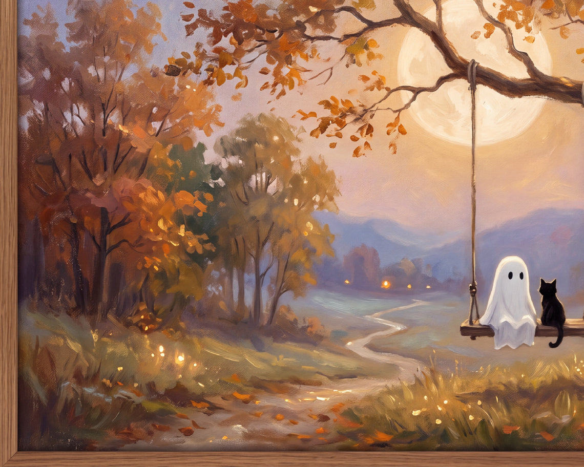 Ghost & Black Cat on an Autumn Tree Swing - Halloween TV Wallpaper | Palette Knife Oil Painting | Digital TV Screen Background | Instant Download