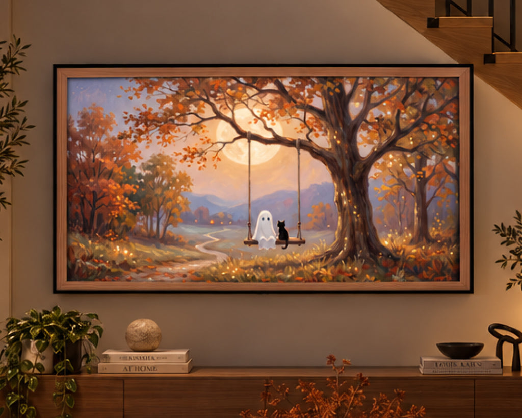 Ghost & Black Cat on an Autumn Tree Swing - Halloween TV Wallpaper | Palette Knife Oil Painting | Digital TV Screen Background | Instant Download