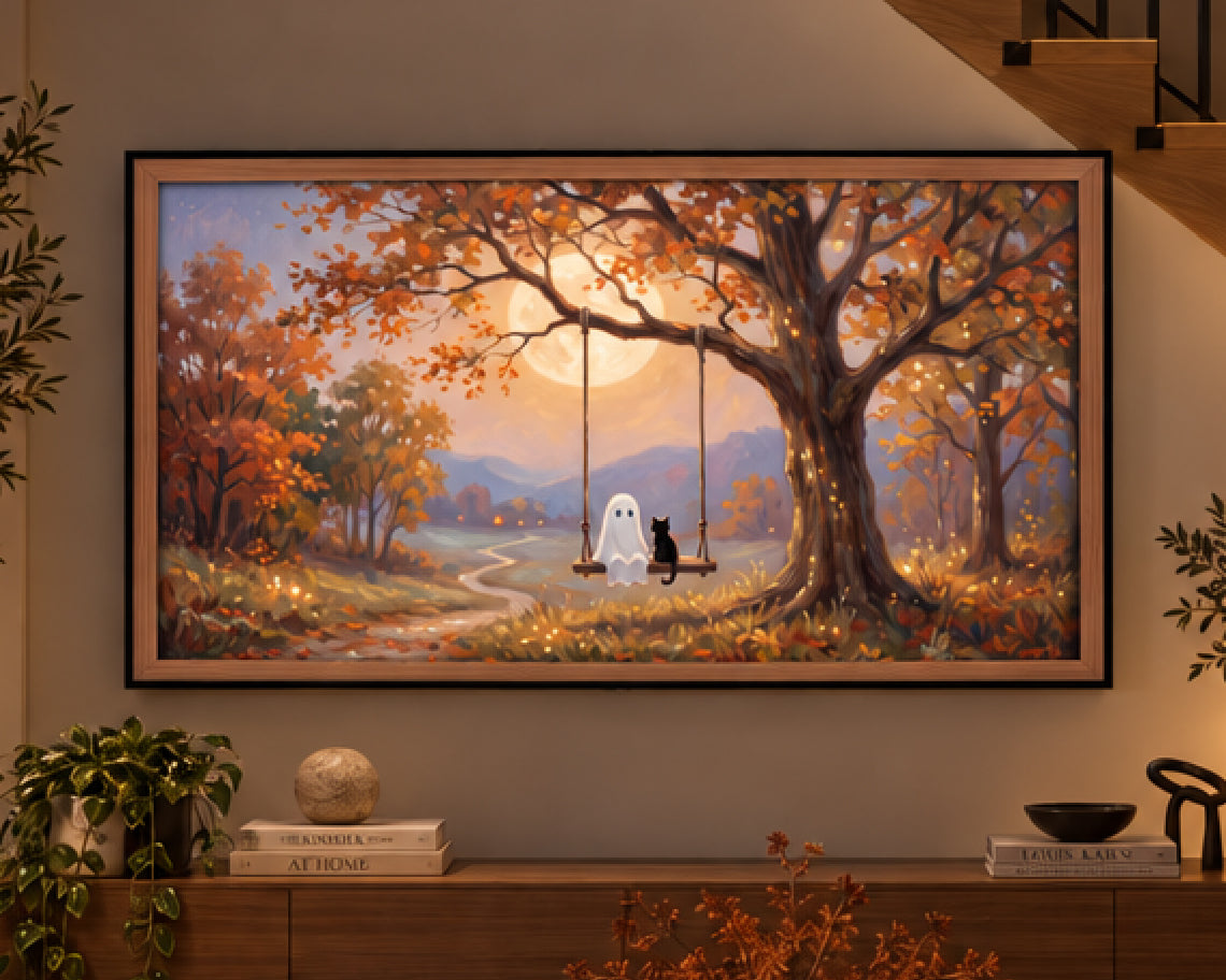 Ghost & Black Cat on an Autumn Tree Swing - Halloween TV Wallpaper | Palette Knife Oil Painting | Digital TV Screen Background | Instant Download
