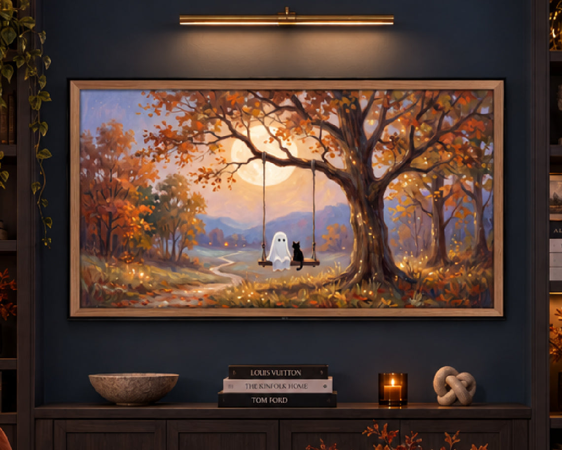 Ghost & Black Cat on an Autumn Tree Swing - Halloween TV Wallpaper | Palette Knife Oil Painting | Digital TV Screen Background | Instant Download