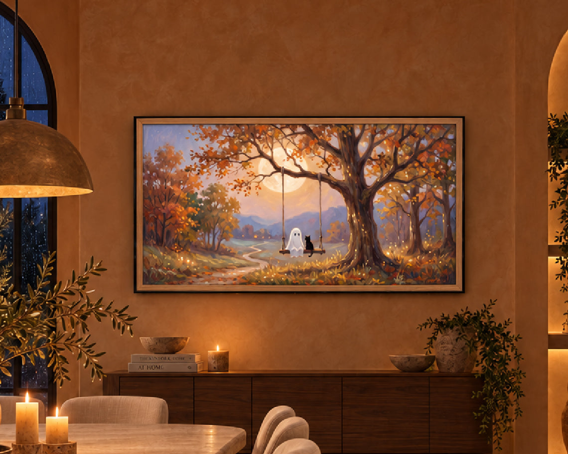 Ghost & Black Cat on an Autumn Tree Swing - Halloween TV Wallpaper | Palette Knife Oil Painting | Digital TV Screen Background | Instant Download