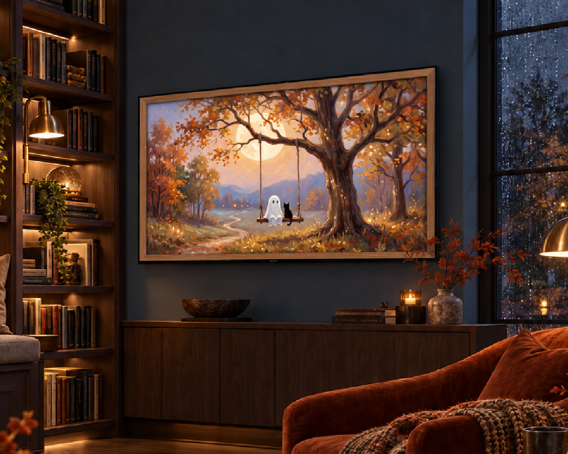 Ghost & Black Cat on an Autumn Tree Swing - Halloween TV Wallpaper | Palette Knife Oil Painting | Digital TV Screen Background | Instant Download
