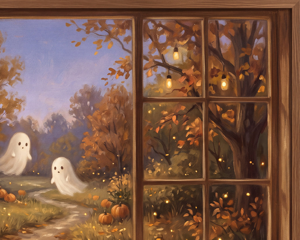 Black Cat Watching Autumn Ghosts - Halloween TV Wallpaper | Palette Knife Oil Painting | Digital TV Screen Background | Instant Download