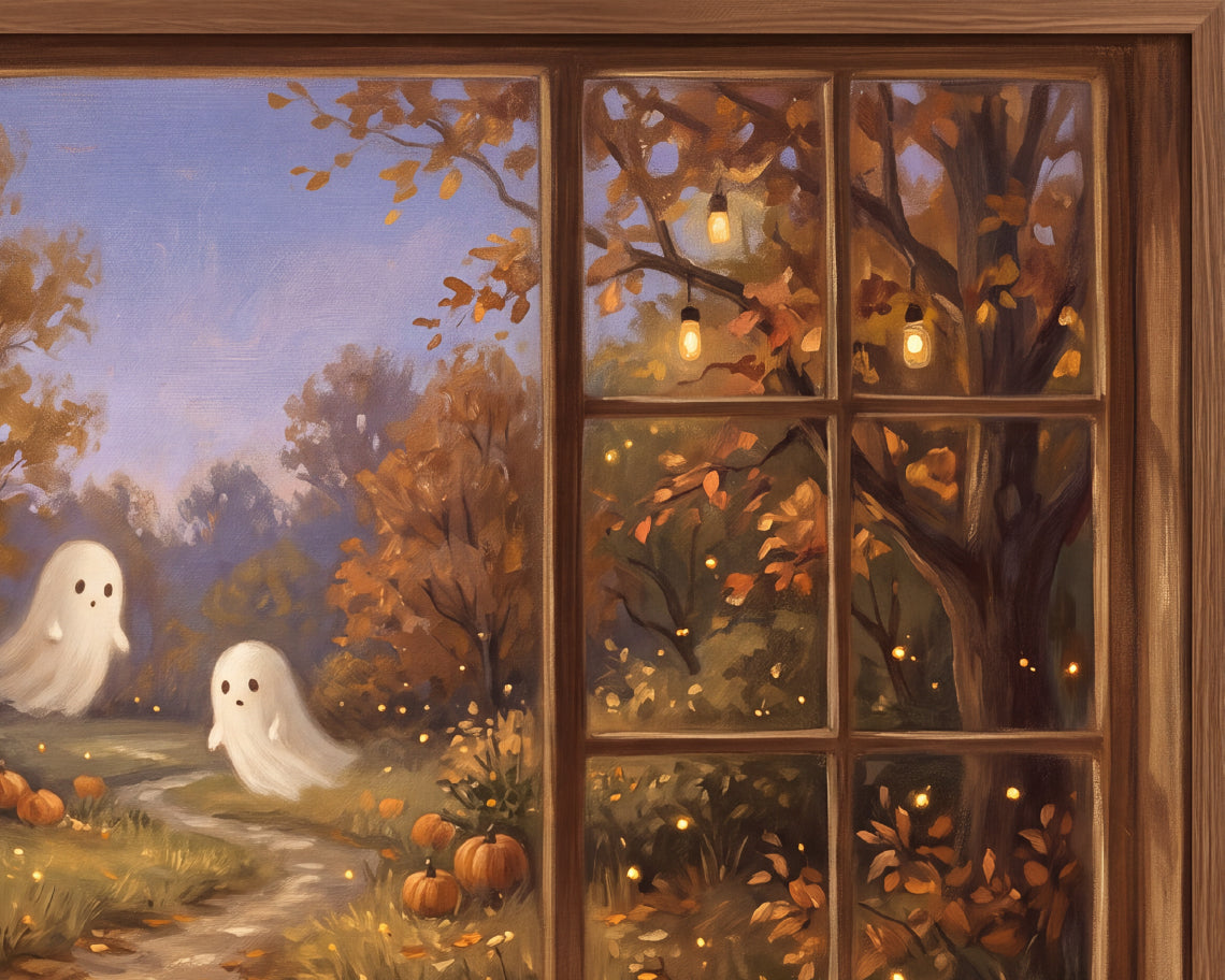 Black Cat Watching Autumn Ghosts - Halloween TV Wallpaper | Palette Knife Oil Painting | Digital TV Screen Background | Instant Download