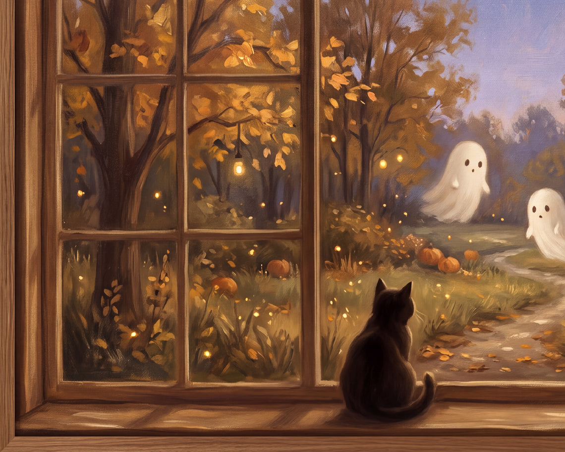 Black Cat Watching Autumn Ghosts - Halloween TV Wallpaper | Palette Knife Oil Painting | Digital TV Screen Background | Instant Download