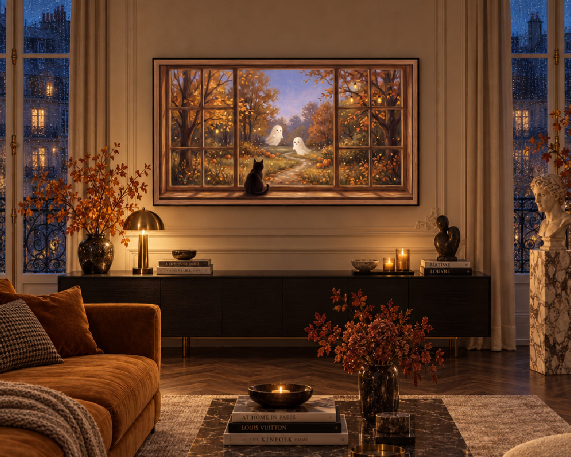 Black Cat Watching Autumn Ghosts - Halloween TV Wallpaper | Palette Knife Oil Painting | Digital TV Screen Background | Instant Download