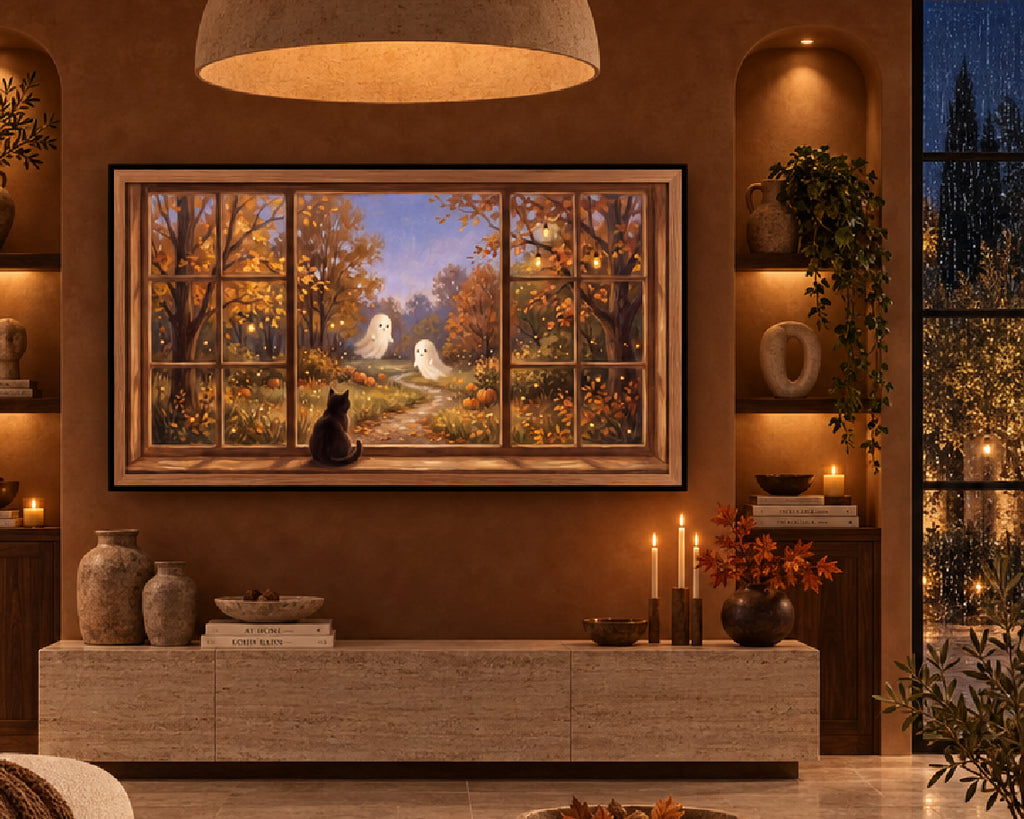 Black Cat Watching Autumn Ghosts - Halloween TV Wallpaper | Palette Knife Oil Painting | Digital TV Screen Background | Instant Download