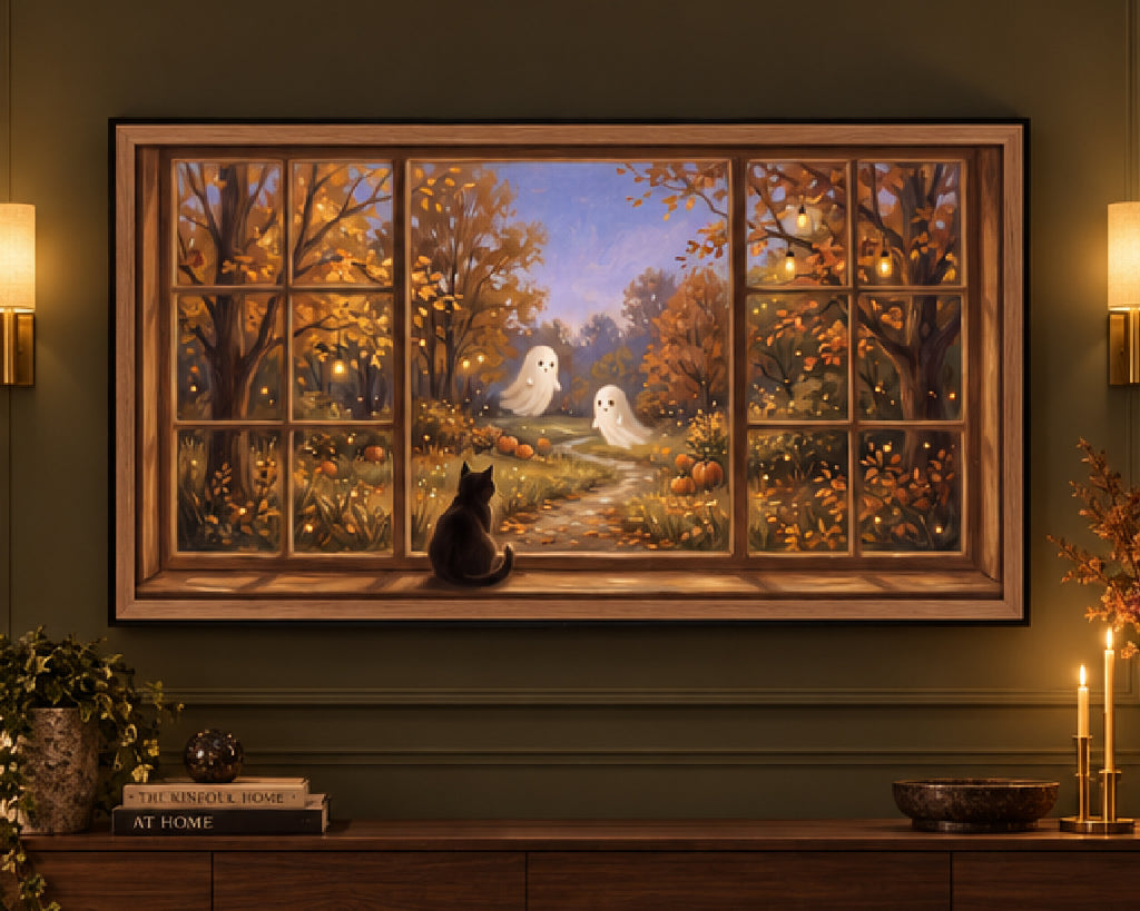 Black Cat Watching Autumn Ghosts - Halloween TV Wallpaper | Palette Knife Oil Painting | Digital TV Screen Background | Instant Download