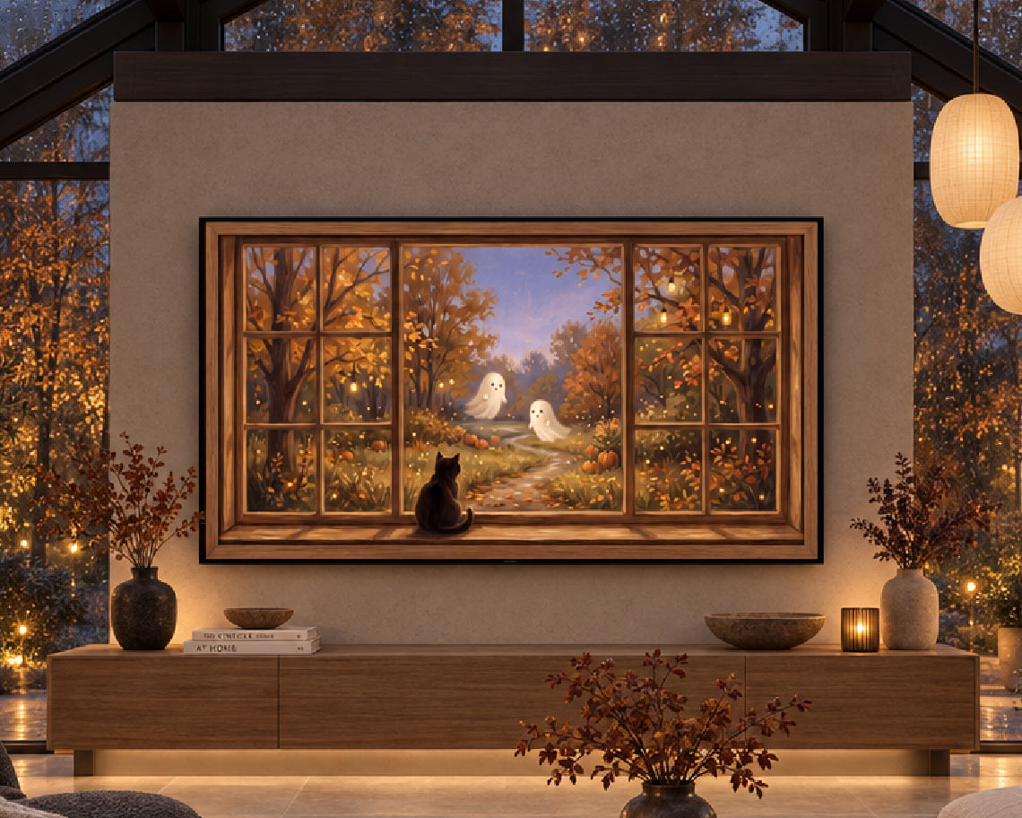 Black Cat Watching Autumn Ghosts - Halloween TV Wallpaper | Palette Knife Oil Painting | Digital TV Screen Background | Instant Download