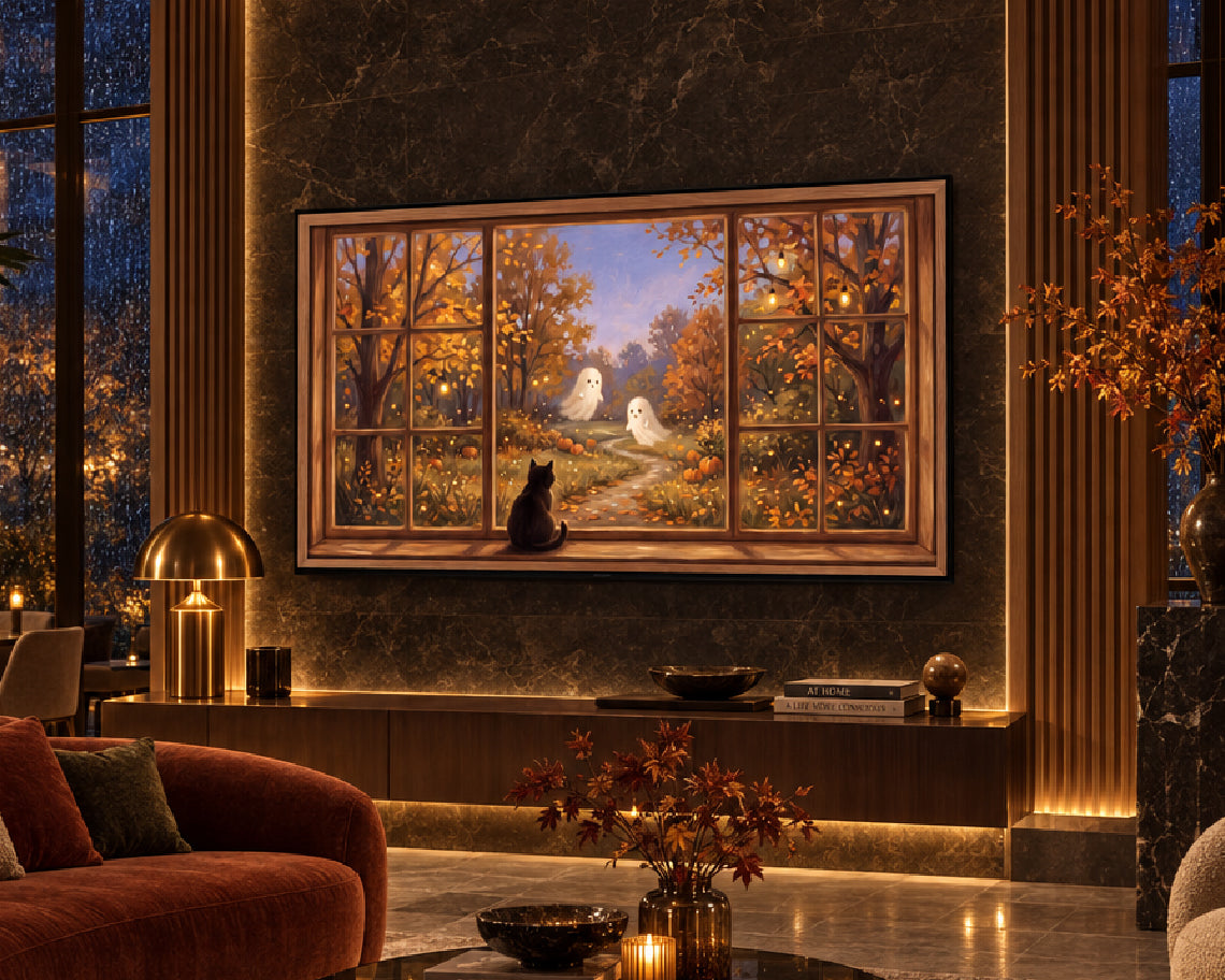 Black Cat Watching Autumn Ghosts - Halloween TV Wallpaper | Palette Knife Oil Painting | Digital TV Screen Background | Instant Download