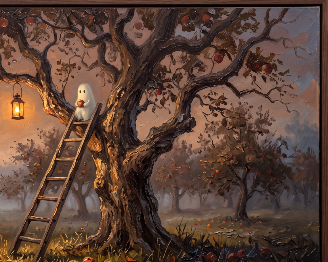 Ghost Picking Apples - Halloween TV Wallpaper | Palette Knife Oil Painting | Digital TV Screen Background | Instant Download