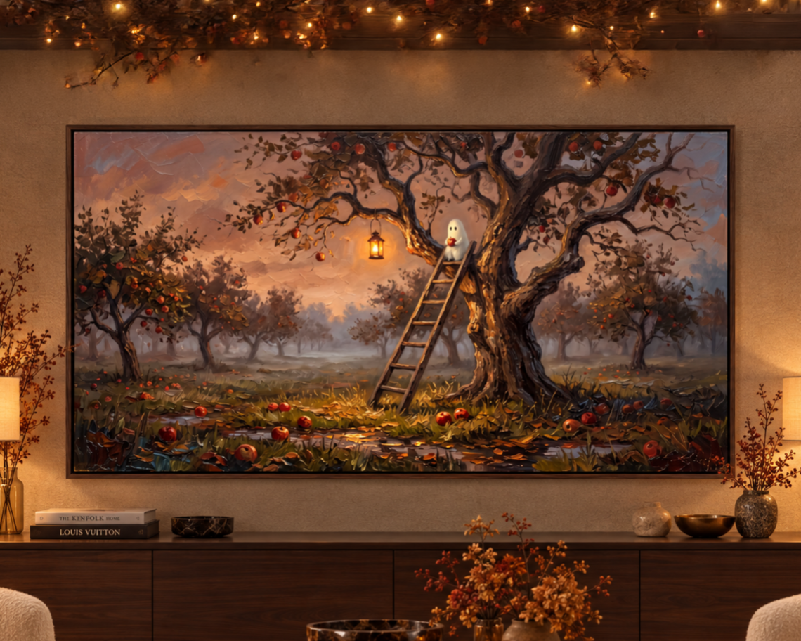Ghost Picking Apples - Halloween TV Wallpaper | Palette Knife Oil Painting | Digital TV Screen Background | Instant Download