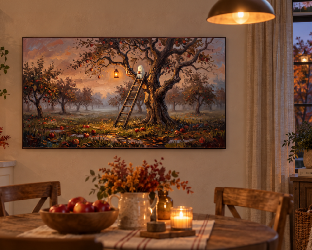 Ghost Picking Apples - Halloween TV Wallpaper | Palette Knife Oil Painting | Digital TV Screen Background | Instant Download