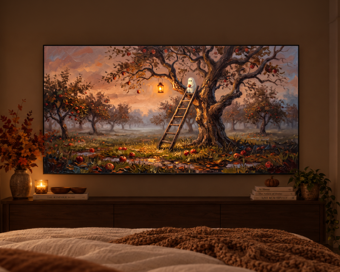 Ghost Picking Apples - Halloween TV Wallpaper | Palette Knife Oil Painting | Digital TV Screen Background | Instant Download