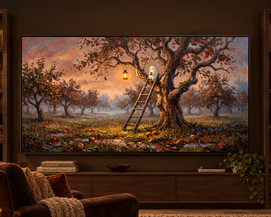 Ghost Picking Apples - Halloween TV Wallpaper | Palette Knife Oil Painting | Digital TV Screen Background | Instant Download