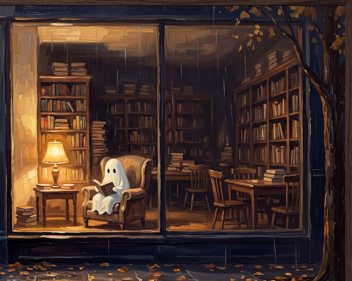 Ghost Reading in a Bookshop - Halloween TV Wallpaper | Palette Knife Oil Painting | Digital TV Screen Background | Instant Download