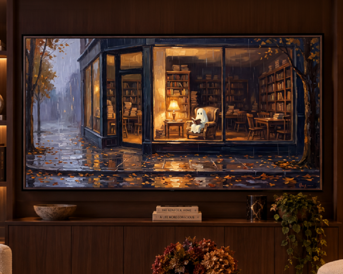 Ghost Reading in a Bookshop - Halloween TV Wallpaper | Palette Knife Oil Painting | Digital TV Screen Background | Instant Download