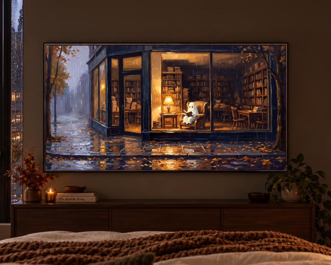 Ghost Reading in a Bookshop - Halloween TV Wallpaper | Palette Knife Oil Painting | Digital TV Screen Background | Instant Download