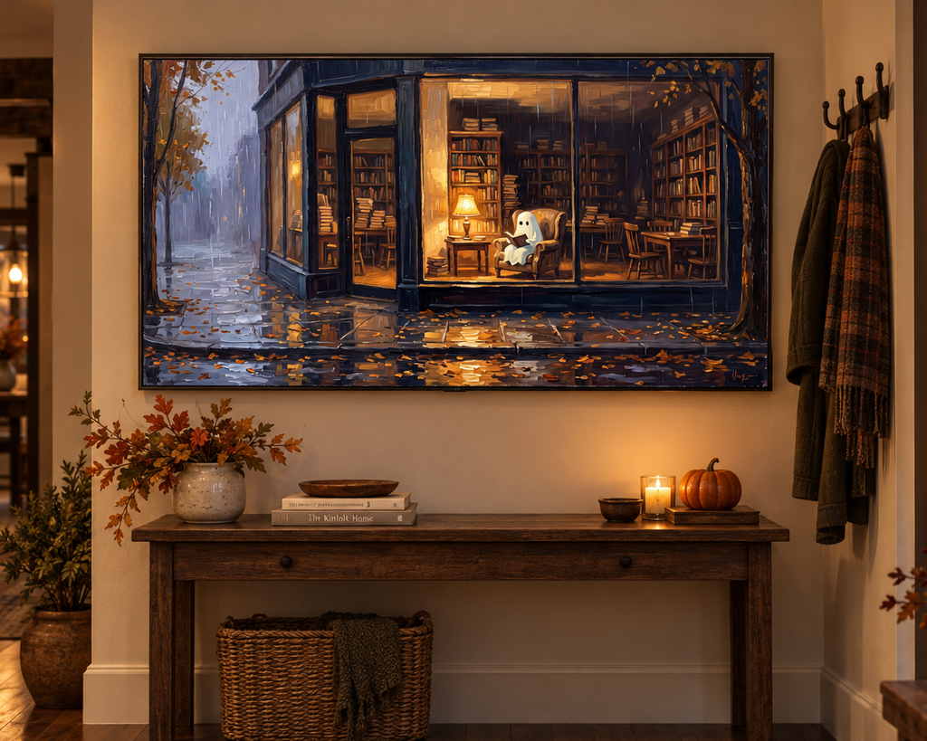 Ghost Reading in a Bookshop - Halloween TV Wallpaper | Palette Knife Oil Painting | Digital TV Screen Background | Instant Download