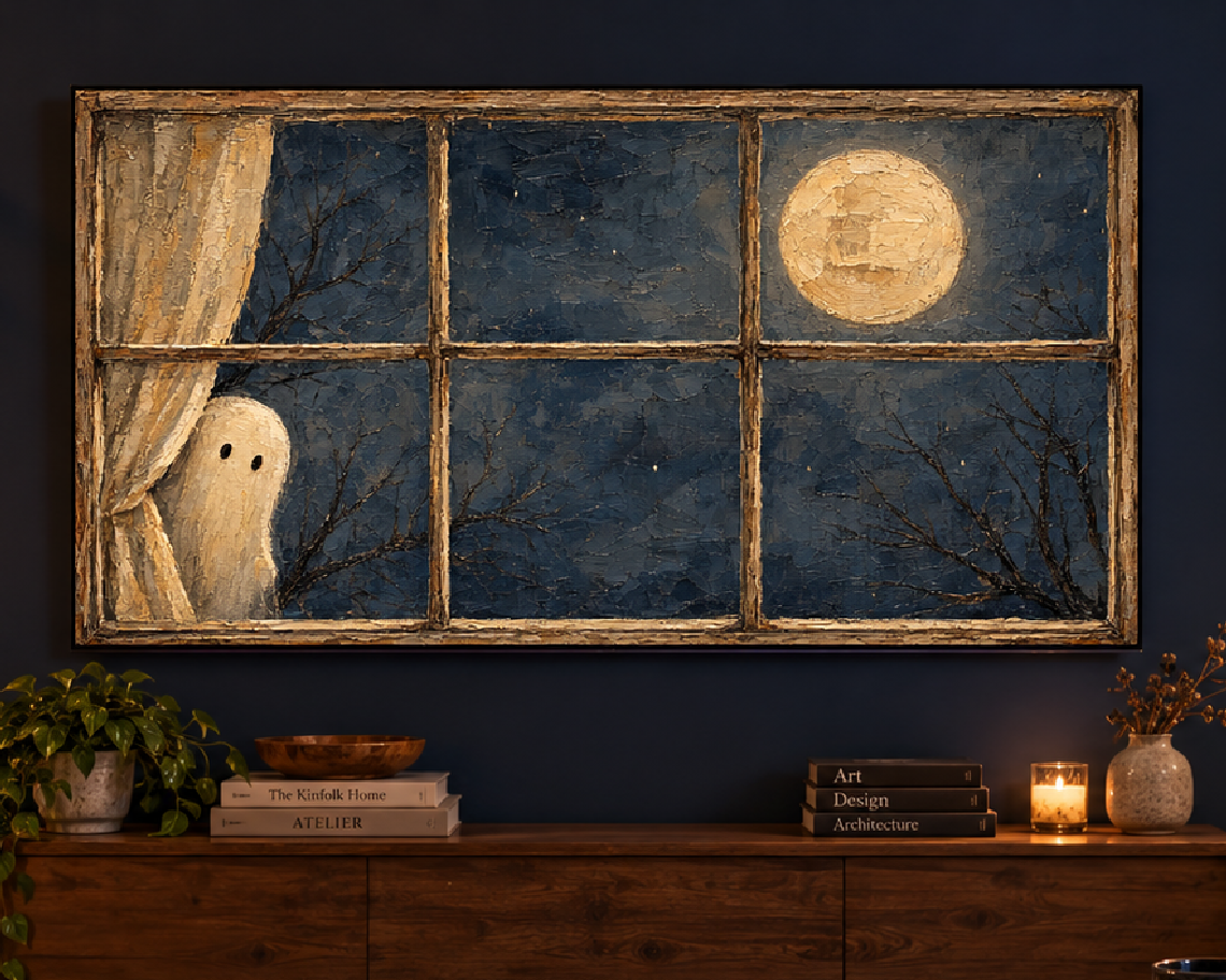 Ghost at a Moonlit Window - Halloween TV Wallpaper | Palette Knife Oil Painting | Digital TV Screen Background | Instant Download