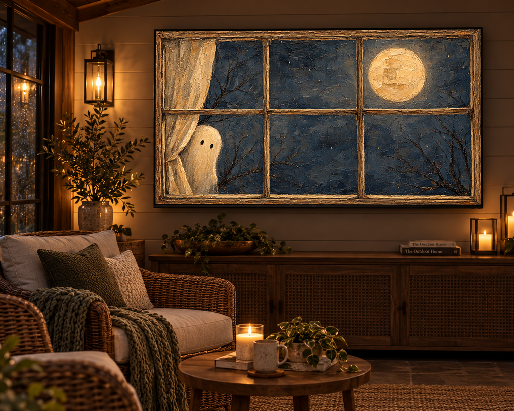 Ghost at a Moonlit Window - Halloween TV Wallpaper | Palette Knife Oil Painting | Digital TV Screen Background | Instant Download