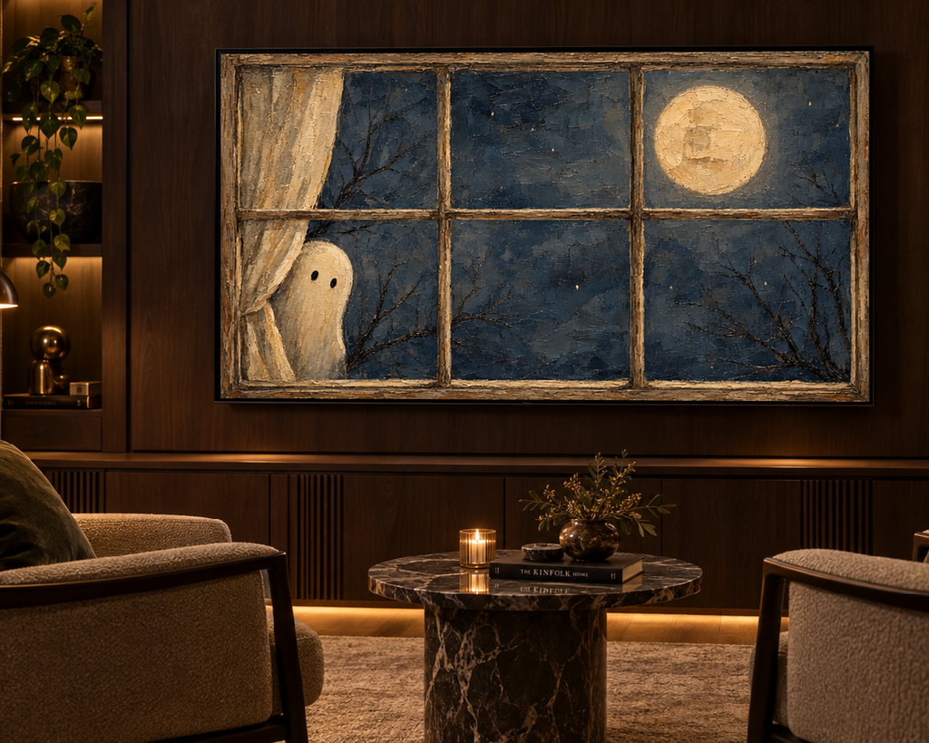 Ghost at a Moonlit Window - Halloween TV Wallpaper | Palette Knife Oil Painting | Digital TV Screen Background | Instant Download