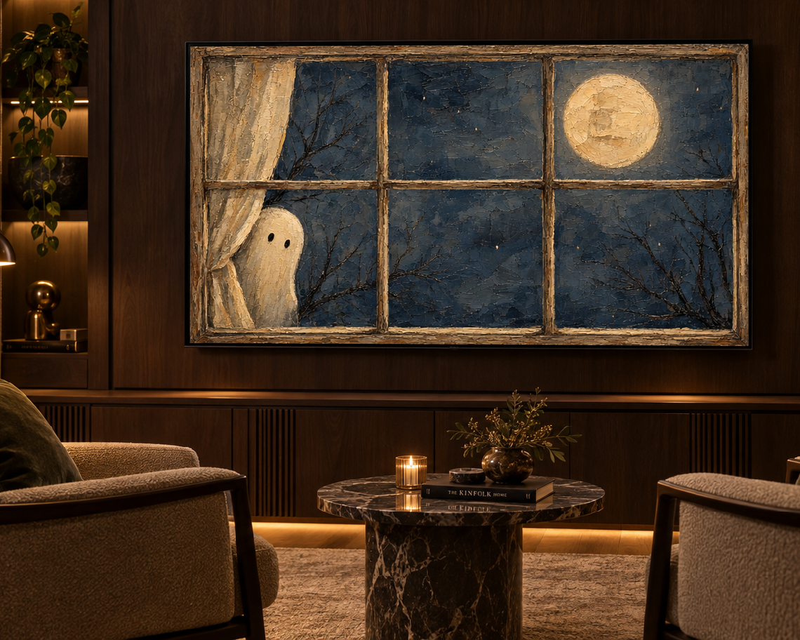 Ghost at a Moonlit Window - Halloween TV Wallpaper | Palette Knife Oil Painting | Digital TV Screen Background | Instant Download