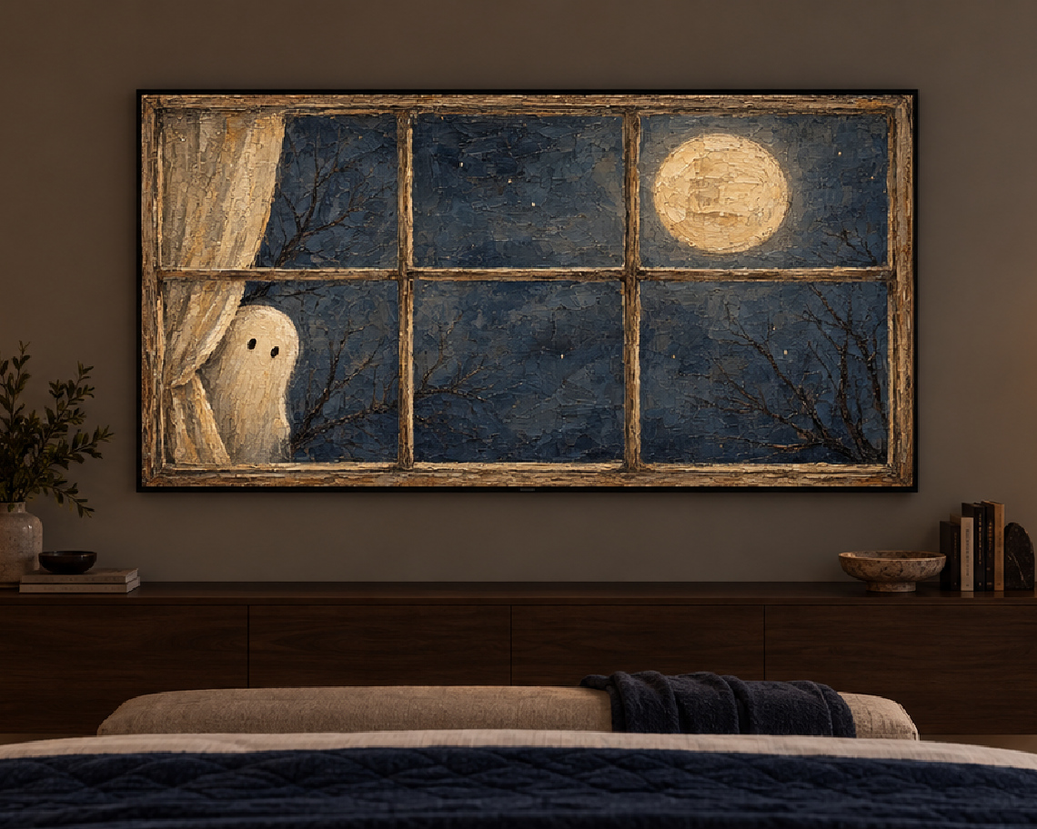 Ghost at a Moonlit Window - Halloween TV Wallpaper | Palette Knife Oil Painting | Digital TV Screen Background | Instant Download
