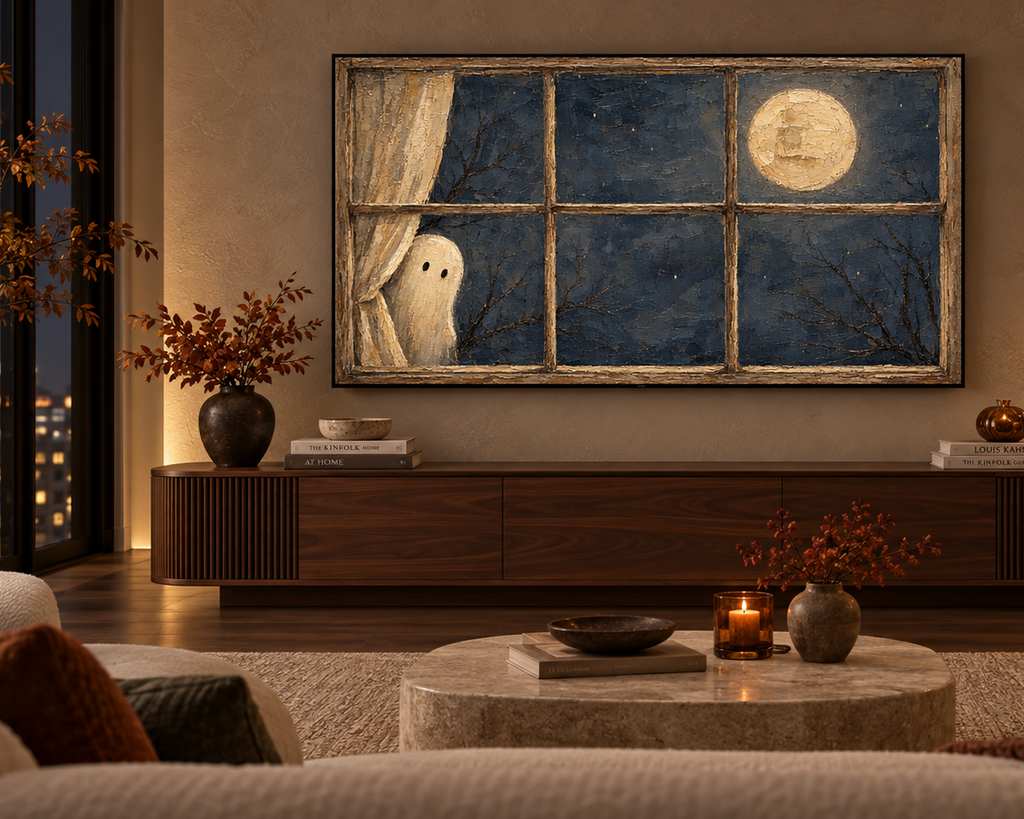 Ghost at a Moonlit Window - Halloween TV Wallpaper | Palette Knife Oil Painting | Digital TV Screen Background | Instant Download