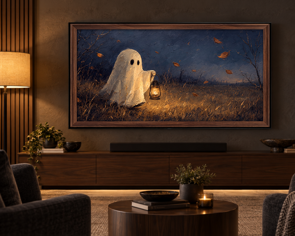 Ghost with a Lantern - Halloween TV Wallpaper | Palette Knife Oil Painting | Digital TV Screen Background | Instant Download