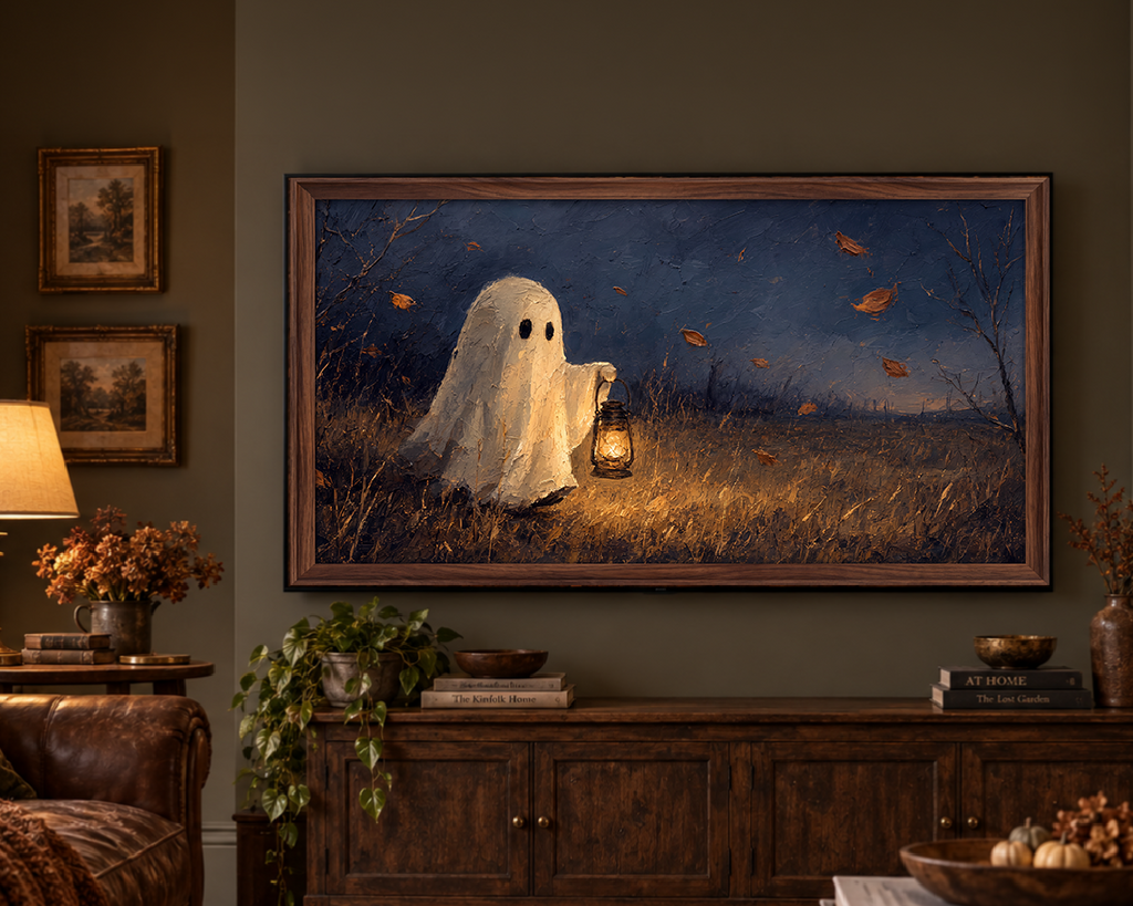 Ghost with a Lantern - Halloween TV Wallpaper | Palette Knife Oil Painting | Digital TV Screen Background | Instant Download
