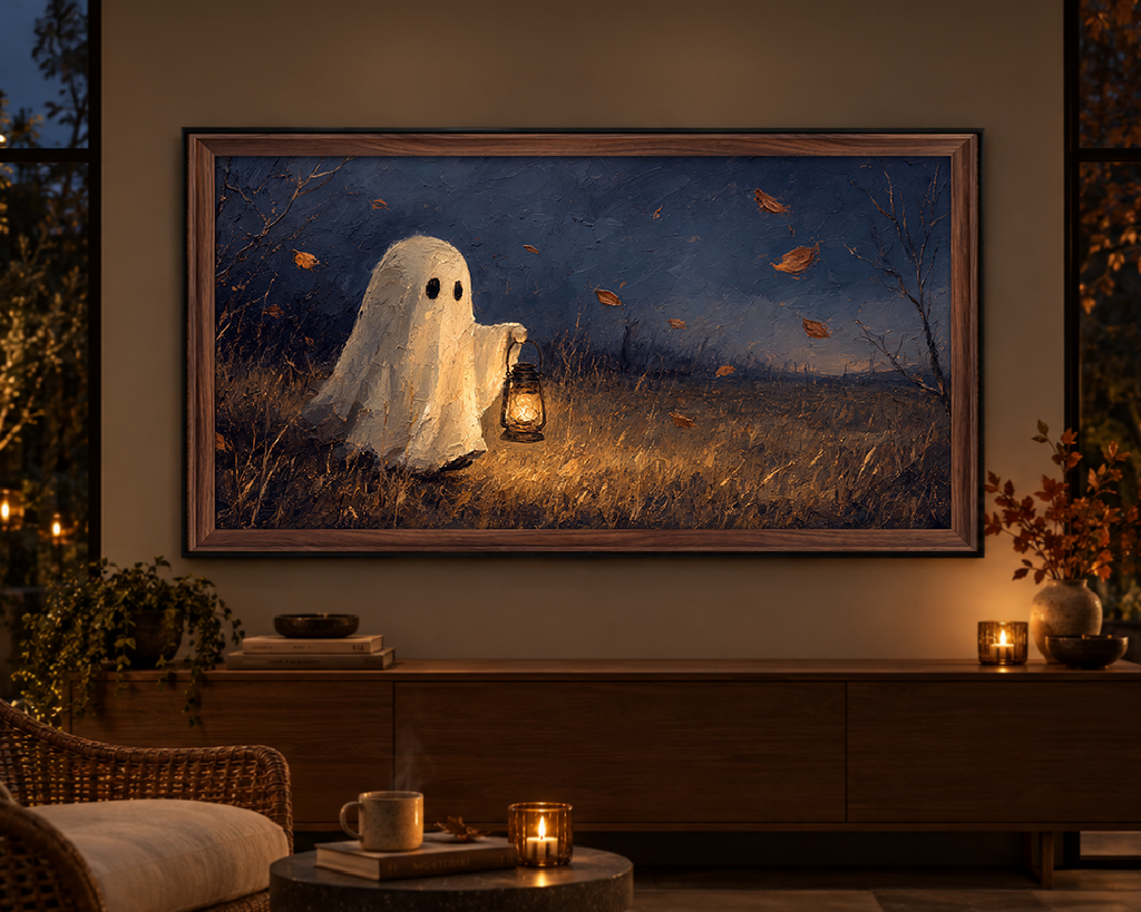 Ghost with a Lantern - Halloween TV Wallpaper | Palette Knife Oil Painting | Digital TV Screen Background | Instant Download