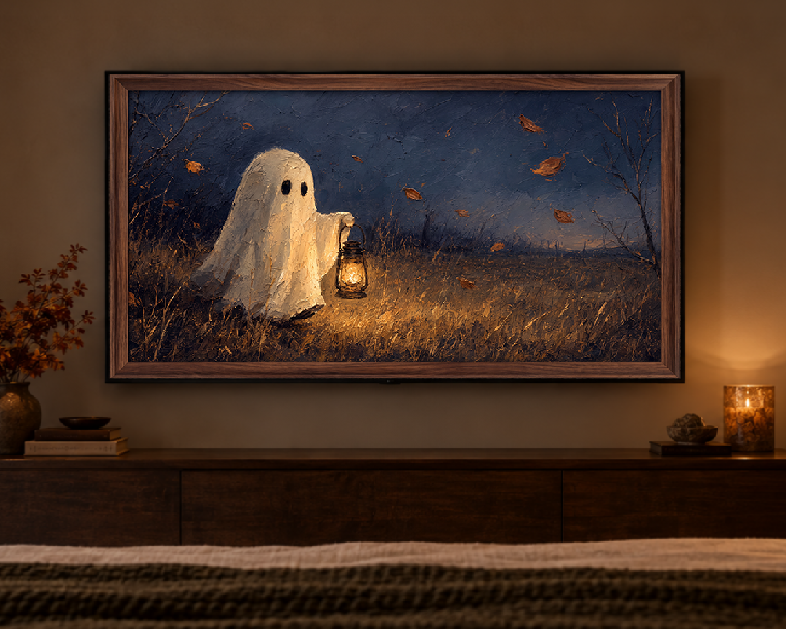 Ghost with a Lantern - Halloween TV Wallpaper | Palette Knife Oil Painting | Digital TV Screen Background | Instant Download