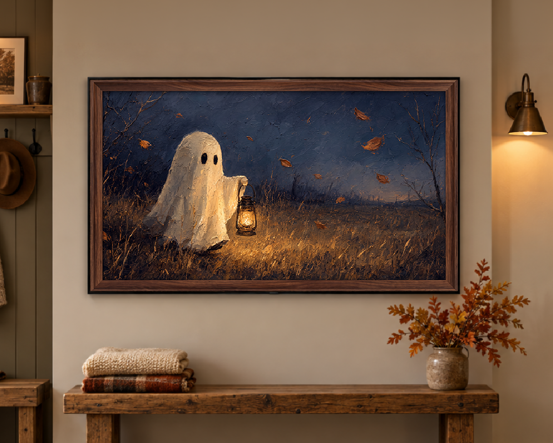 Ghost with a Lantern - Halloween TV Wallpaper | Palette Knife Oil Painting | Digital TV Screen Background | Instant Download