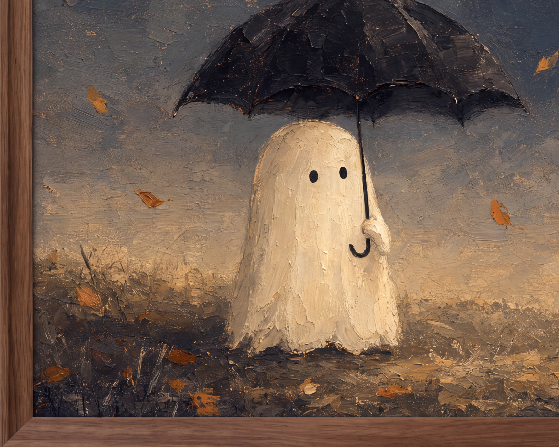 Ghost with Umbrella - Halloween TV Wallpaper | Palette Knife Oil Painting | Digital TV Screen Background | Instant Download