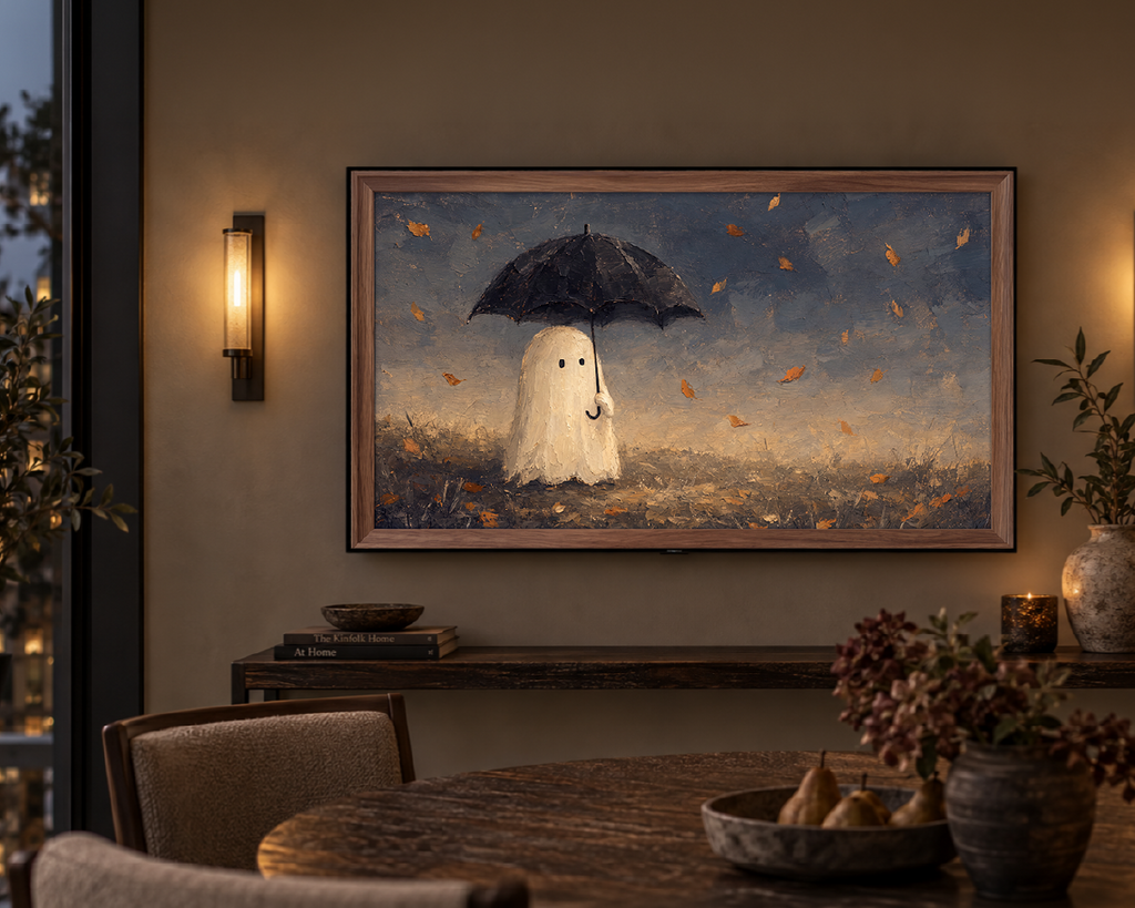 Ghost with Umbrella - Halloween TV Wallpaper | Palette Knife Oil Painting | Digital TV Screen Background | Instant Download