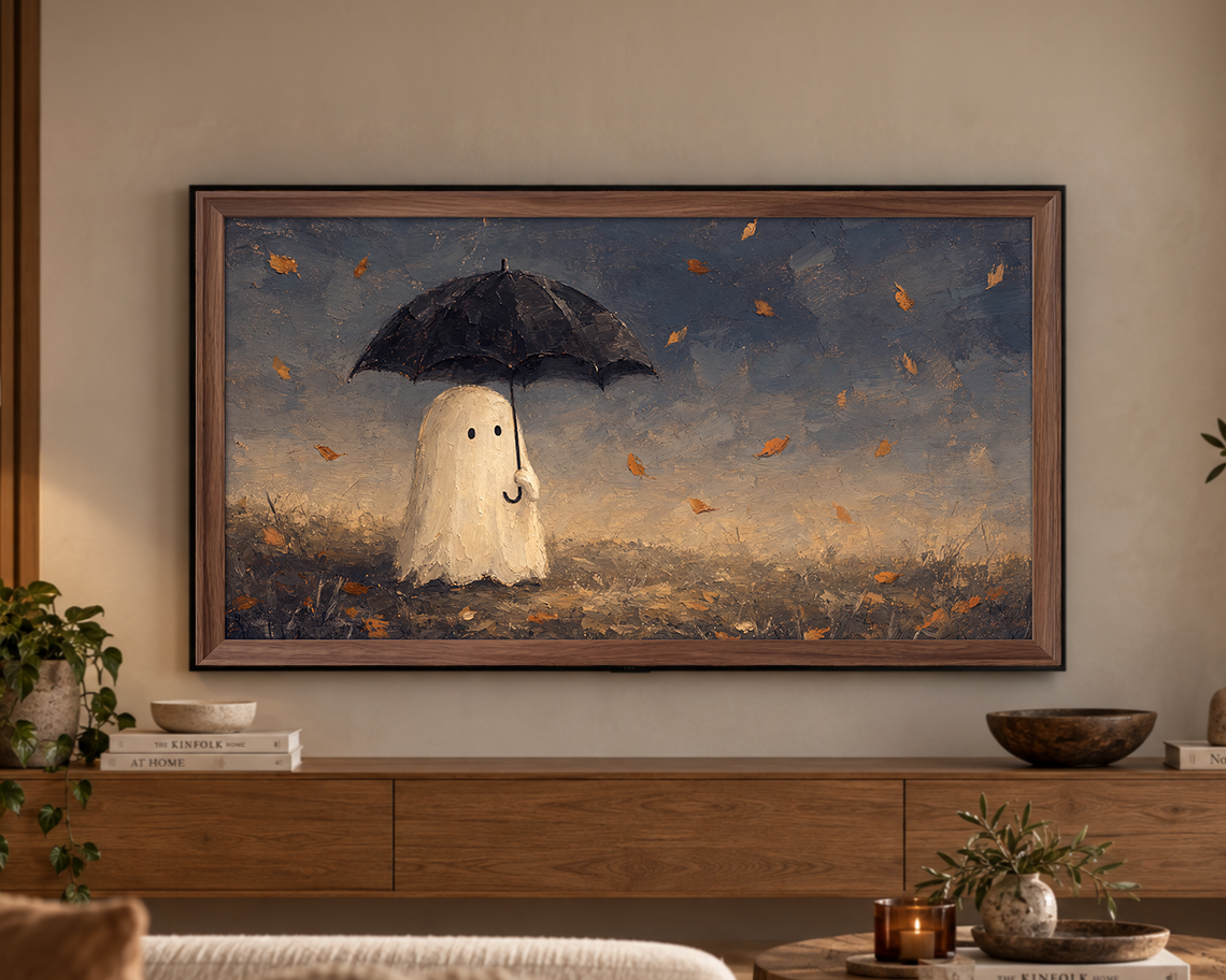 Ghost with Umbrella - Halloween TV Wallpaper | Palette Knife Oil Painting | Digital TV Screen Background | Instant Download