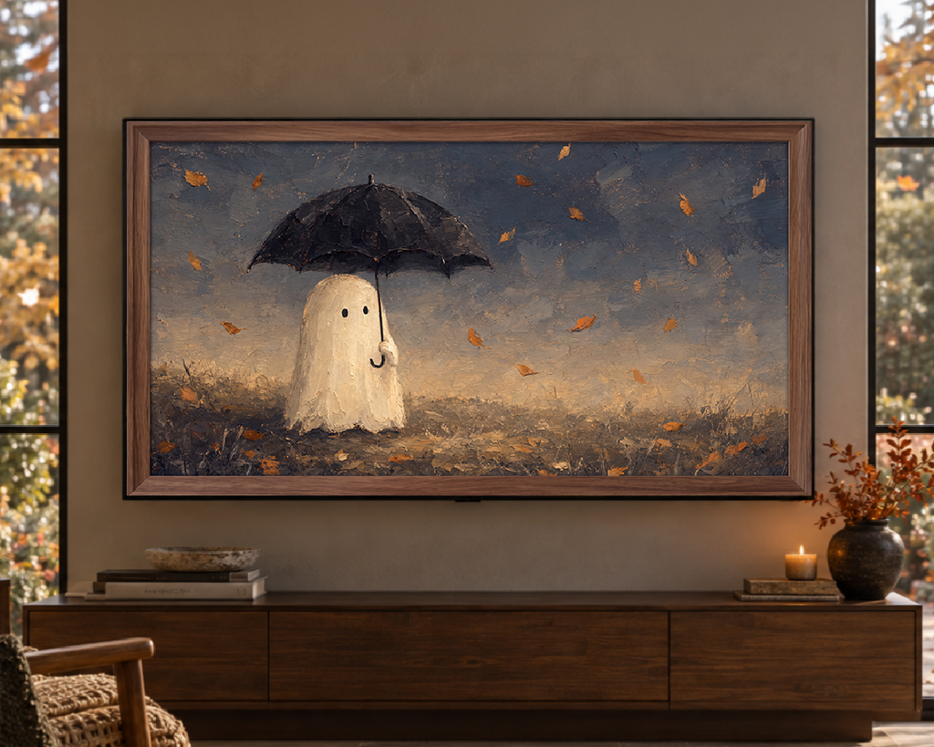 Ghost with Umbrella - Halloween TV Wallpaper | Palette Knife Oil Painting | Digital TV Screen Background | Instant Download