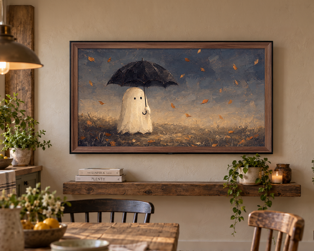 Ghost with Umbrella - Halloween TV Wallpaper | Palette Knife Oil Painting | Digital TV Screen Background | Instant Download