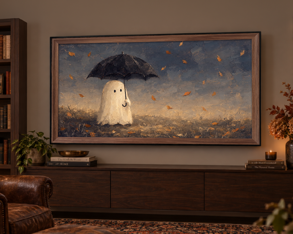 Ghost with Umbrella - Halloween TV Wallpaper | Palette Knife Oil Painting | Digital TV Screen Background | Instant Download