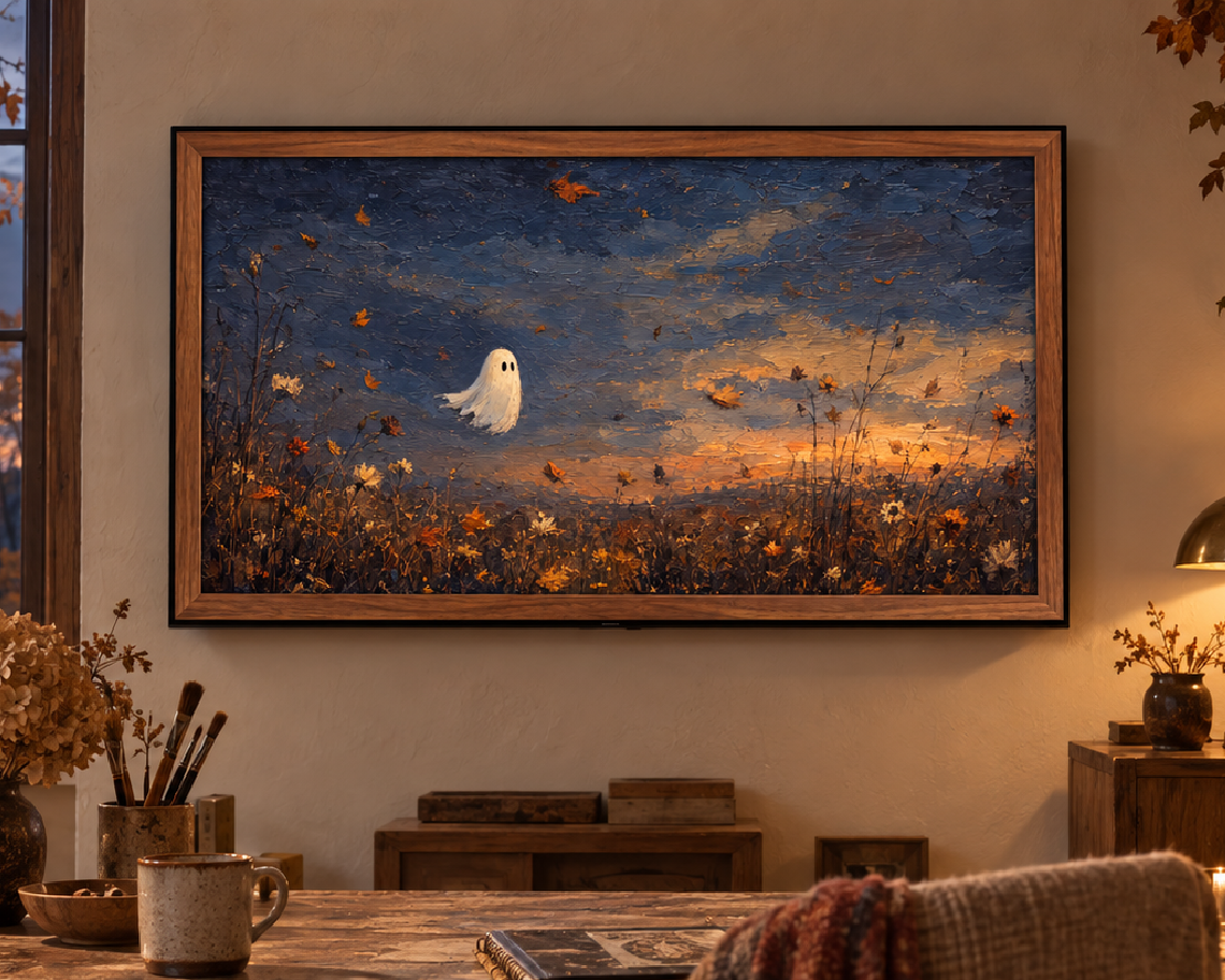 Ghost in the Autumn Field - Halloween TV Wallpaper | Palette Knife Oil Painting | Digital TV Screen Background | Instant Download