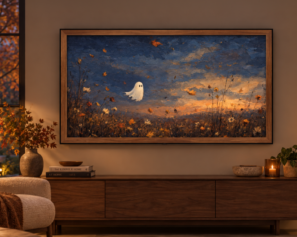 Ghost in the Autumn Field - Halloween TV Wallpaper | Palette Knife Oil Painting | Digital TV Screen Background | Instant Download
