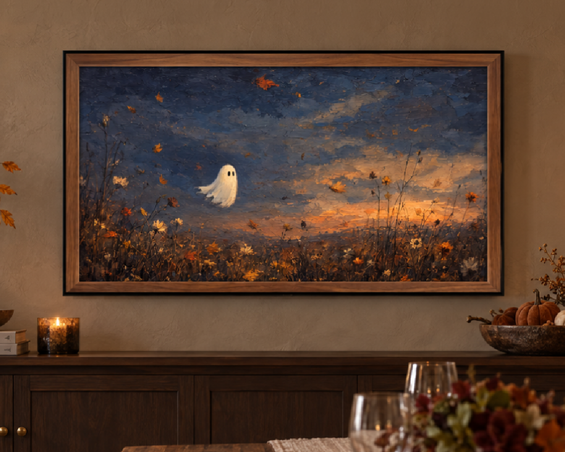 Ghost in the Autumn Field - Halloween TV Wallpaper | Palette Knife Oil Painting | Digital TV Screen Background | Instant Download