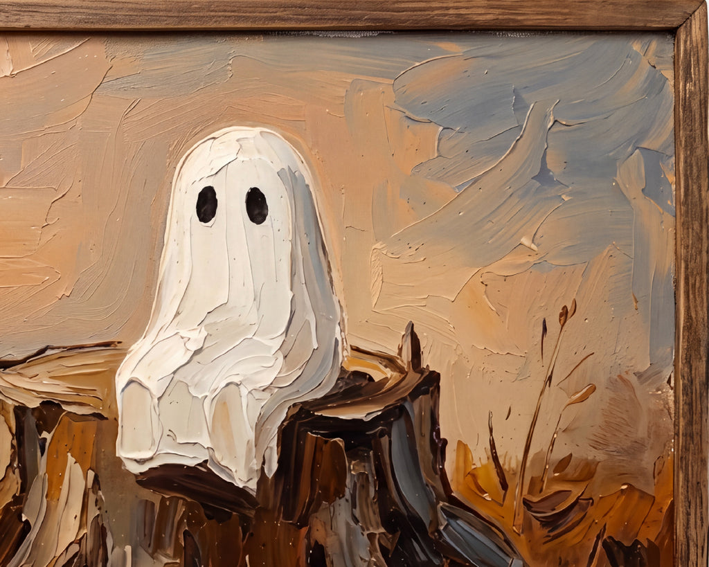 Ghost on an Autumn Stump - Halloween TV Wallpaper | Palette Knife Oil Painting | Digital TV Screen Background | Instant Download