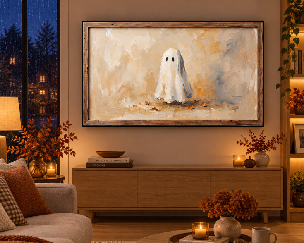 Ghost on an Autumn Stump - Halloween TV Wallpaper | Palette Knife Oil Painting | Digital TV Screen Background | Instant Download